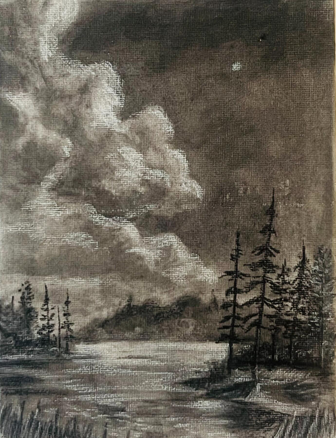 Moonlit Trees. 6x8&quot; charcoal on canvas board. Unavailable. 2024