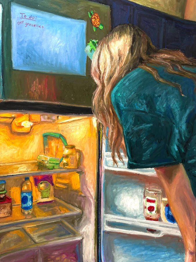 20 something year old&#39;s fridge. 25x40&quot; oil pastel drawing. 2023